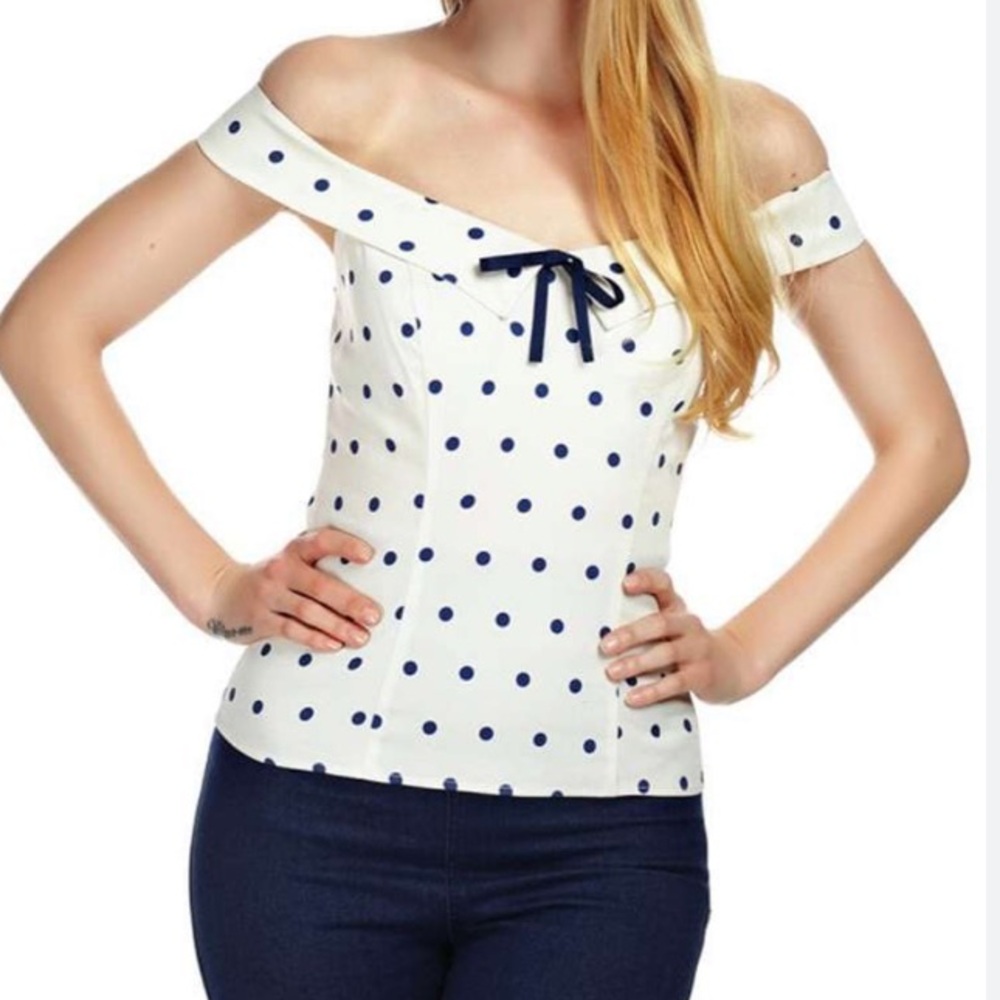 Collectif White and Blue Polka Dot Off-Shoulder Top